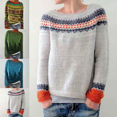 #ad Ladies Knitwear Sweater Long Sleeve Jumper Top Women Geometric Print Holiday $35.28