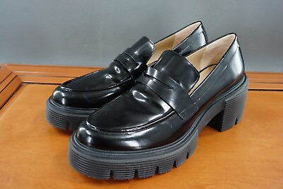 #ad Stuart Weitzman Soho Shoes Women 9.5 Black Leather Slip On Chunky Sole Loafers $69.84