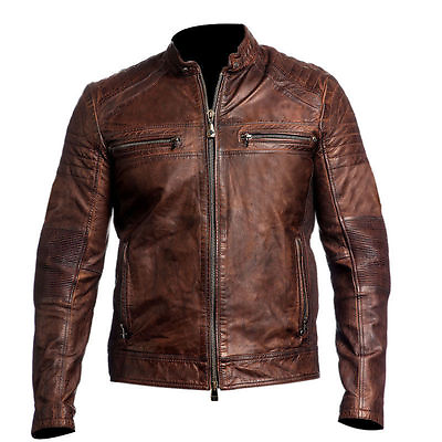 #ad Men#x27;s Biker Vintage Motorcycle Cafe Racer Brown Distressed Leather Jacket Coat $119.99