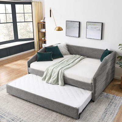 #ad Twin Full Size Upholstered Daybed with Trundle Day Bed Tufted Sofa Bed Furniture $449.99