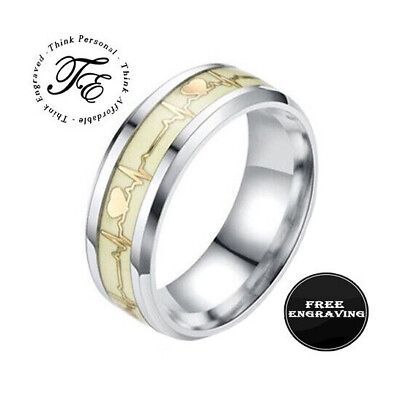 #ad Personalized Men#x27;s Heart Beat Promise Ring Glow In The Dark Silver and Gold $17.50