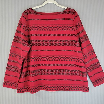 #ad J. Jill Pullover Sweater Size XL Red Black Textured Aztec Print Knit Boat Neck $24.99