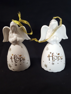 Set of Two Angel Bells Hope White Ceramic Gold Lettering Silver Glitter 9165 $12.95