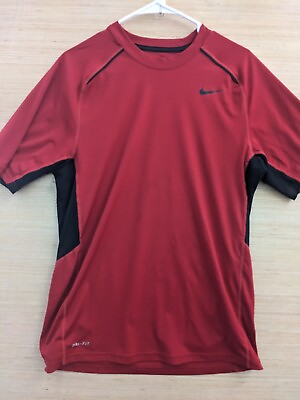Nike Dri Fit Mens Shirt Red Black Medium Crew Neck Short Sleeve Training Flaw $5.33