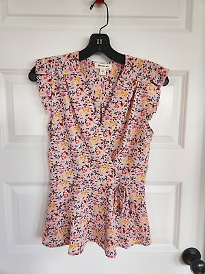 #ad monteau los angeles blouse Sz Small Pink Floral Cap Sleeve $13.00