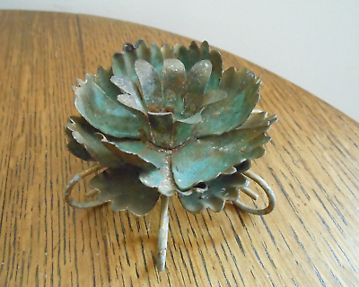 #ad Antique Primitive Early Tin Candle Holder Holds Blue Green Gold Petals $20.00