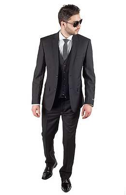 Slim Fit Suit 3 Piece Vested 2 Button Solid Jet Black Notch Lapel By AZAR MAN $119.00