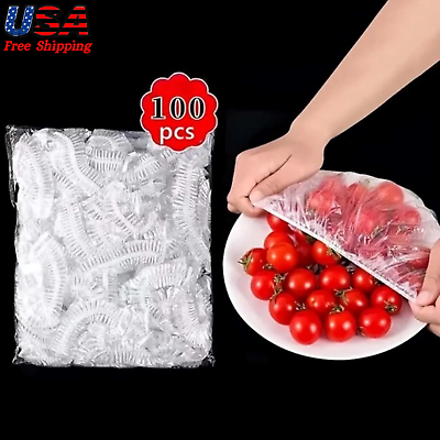 #ad 100pcs Plastic Food Cover Disposable Food Fresh keeping Cover with Elastic USA $5.99