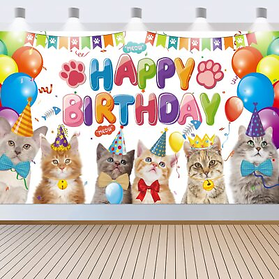 #ad Cat Happy Birthday Backdrop Cat Birthday Party Decorations Kitten Birthday Part $12.85