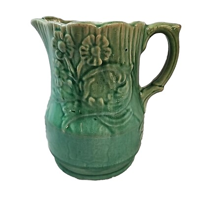#ad Antique Pottery Green Glazed Pitcher Worn Distressed Aged Perfection 6.5quot; Tall $42.77