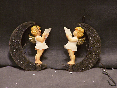 #ad 2 Antique German Celluloid Plastic Angel On Crescent Moon Christmas Ornaments $74.99