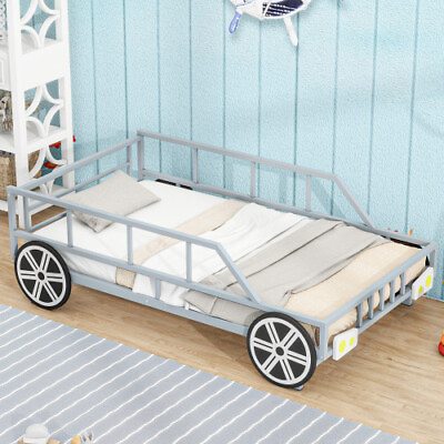 #ad Metal Car Shaped Platform Bed with Wheel Bed Frames Twin Size Kids Bed Furniture $249.99