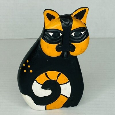 #ad Hand Painted Carved Wooden Halloween Cat Black and Orange *read* C $6.95