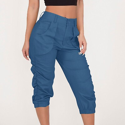 Womens Cargo Trousers Short Pants Solid High Waist Jogging Bottoms With Pockets $19.06