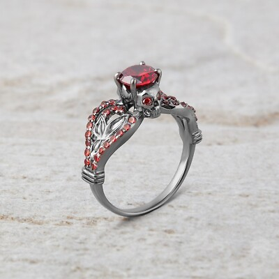 #ad Floral Gothic Vampire Skull Ring Red Garnet Gun Metal Fn On 925 Silver Size 9.75 $89.99