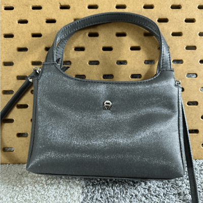 #ad Etienne Aigner Hand Bag satin purse mini crossbody Metallic Silver $39.00