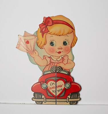 #ad Vintage Valentine Card Little Girl Red Racing Car Folded Speeding Ticket USA $18.99
