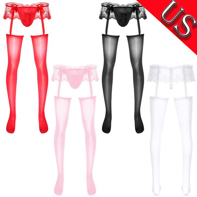 #ad US Mens Lace Trim Sissy Skirted Pantyhose Bulge Pouch G String Garter Stockings $10.22