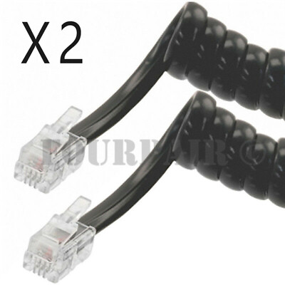 #ad 2 Pack Lot 25ft Telephone Handset Receiver Cord Phone Coil Cable 4P4C Black $7.95