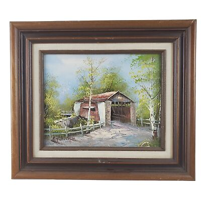 #ad Enchanting Covered Bridge: Original Forrestor Oil Painting Mid Century Frame 1 $90.00