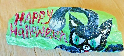 #ad Hand painted River Rock Stones Glow in dark Happy Halloween Cat Black Cat. $9.90