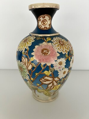 #ad Antique Japanese Kyo Satsuma Painted Vase 7.25” Signed Blue Gold Meiji Period $90.00