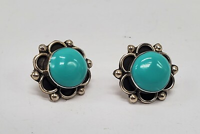 #ad Turquoise Flower Stud Earrings Gorgeous Sterling Silver Signed 925 Mexico 17mm $22.95