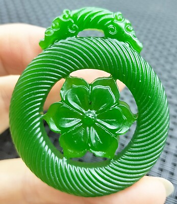 #ad Beautiful Chinese Green Natural Jade Carved Flower 花开富贵 Pendant $29.00