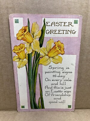 #ad Easter Greetings Yellow Daffodil trumpet shaped flowers Vintage Postcard $4.80