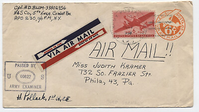 #ad 1940s WWII APO 230 double rate airmail cover to Philadelphia censored s.5114 $5.00