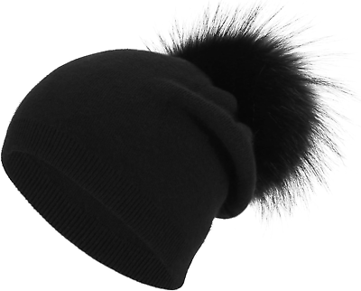 #ad Women Cashmere Winter Slouchy Knit Beanie Hat with Real Fur Pom Pom Winter Beani $53.46