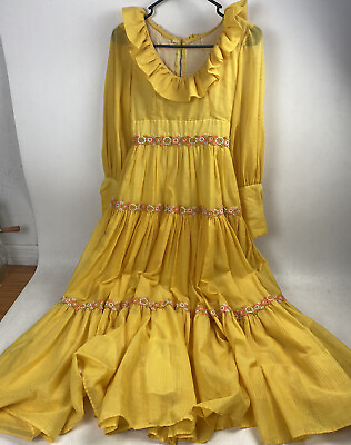 Vintage Handmade Floral Yellow Cottagecore Prairie Maxi Dress Small Ruffle $75.00