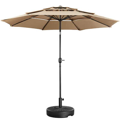 10ft Parasol 20quot; Patio Umbrella W 22 Lb Round Base Black Set Hand Crank Tan New $142.49