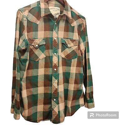 #ad Men#x27;s Large Pearl Snap Plaid Flannel Green Brown $17.00