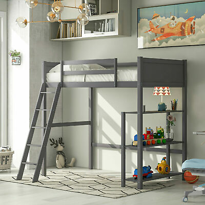 #ad US Twin size Solid Wood Loft Bed Furniture W Book Shelvesamp;Ladder For Teens Kids $375.05