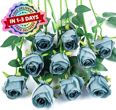 #ad 10 Pcs Flores Artificiales Rosas De Seda Ramo De Nupcial Falso Tallo Recto Azul $21.99