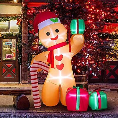 #ad 8FT Inflatable Gingerbread Man with Candy Cane and Three Gift Boxes $87.23