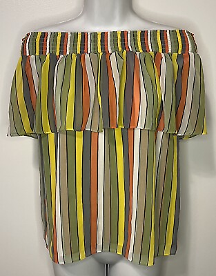 #ad cabi Carnival Top Bright Stripes Off Shoulder Ruffle Blouse Women#x27;s Extra Small $16.96