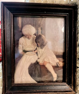 #ad Antique Frame Vintage Art Print Grandmother Child Embroidery $100.00