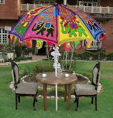 Garden Sun Patio Elephant Hand Embroidered Beach Outdoor Parasol Yard Umbrella $92.91