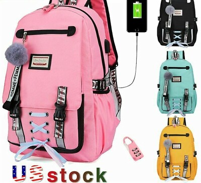 #ad USB Women Backpack Travel Canvas Handbag Rucksack Shoulder School Bag Anti Theft $27.88
