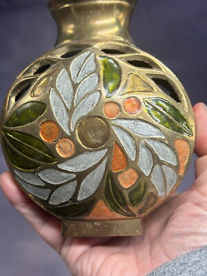 #ad #ad Vintage Brass Enamel Vase Lattice Reticulated Floral Leaves Shelf Sitter $22.15