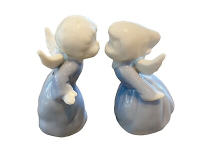 Vintage Kissing Angels Figures Set of 2 Blue Porcelain Two Girls Japan Christmas $13.06