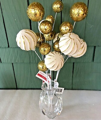 #ad Ashland Gold Glitter Floral Spray With White Matte Ribbed Balls Christmas Filler $14.50