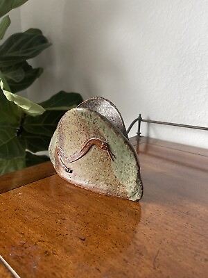 #ad Hand Made Art Pottery Stoneware Vase Green Glaze Applied Snake Signed Eskimo $32.99