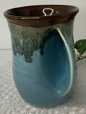 #ad #ad Handmade Studio Art Pottery 16 oz Blue Brown Drip Glaze SIGNED Interior Handle $14.95