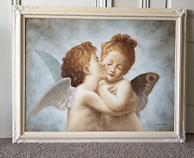 #ad Cupid and Psyche As Infants Oil on Canvas Wall Decor by M. Harold RARE $299.00