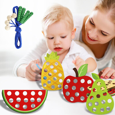 #ad Lacing Toy Toddlers Preschool Wooden Threading Toy Set Fruit Lacing Toy CV $14.99
