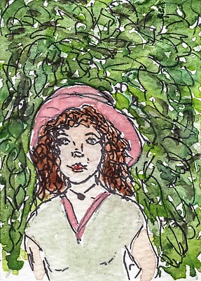 #ad ACEO Original Naive Outsider Art Watercolor Painting Woman in Garden Portraiture $6.99