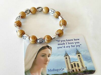 #ad Catholic Bracelet Virgin Mary Prayer from Medjugorje OLIVE WOOD Gift holy Card $7.99